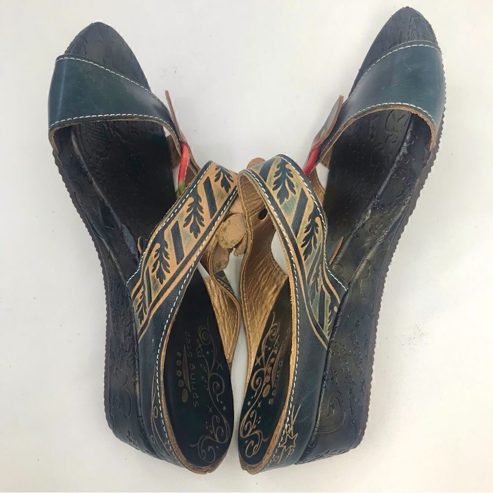 Spring Step Tooled Leather Colorful Flower Slip On Wedge Sandals - Picture 5 of 13